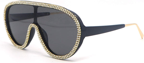 Bling Rhinestone Black Oversized Retro Shield Sunglasses