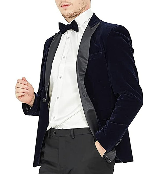 Men's Peak Lapel Navy Blue Velvet One Button Blazer Suit