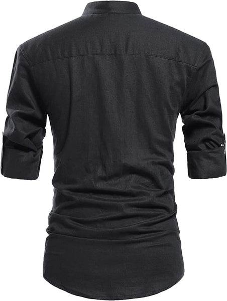 Men's Black Henley Neck Long Sleeve Linen Shirts