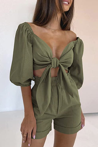 Pretty Bow Tie Green Top & Shorts Set