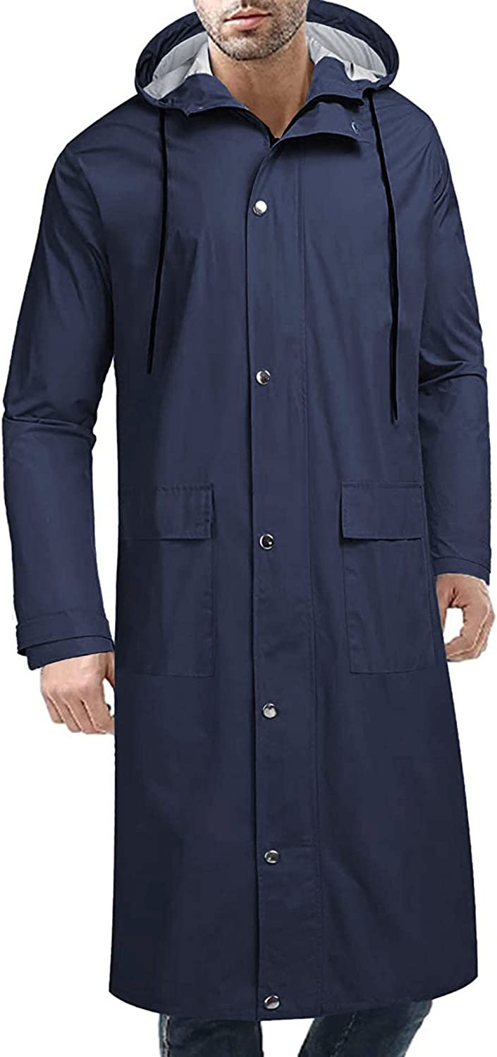 Men's Navy Blue Lightweight Hooded Long Rain Jacket