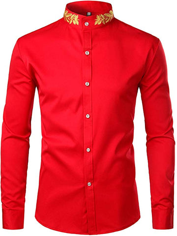 Men's Red Embroidered Collar Long Sleeve Button Down Shirt