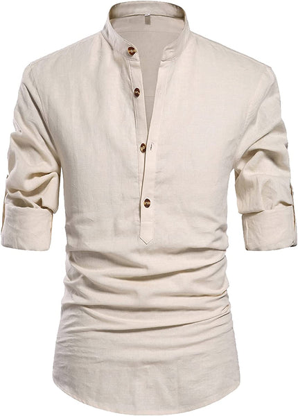 Men's Beige Henley Neck Long Sleeve Linen Shirts