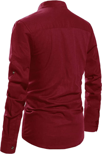 Men's Wine Red Henley Neck Long Sleeve Linen Shirts