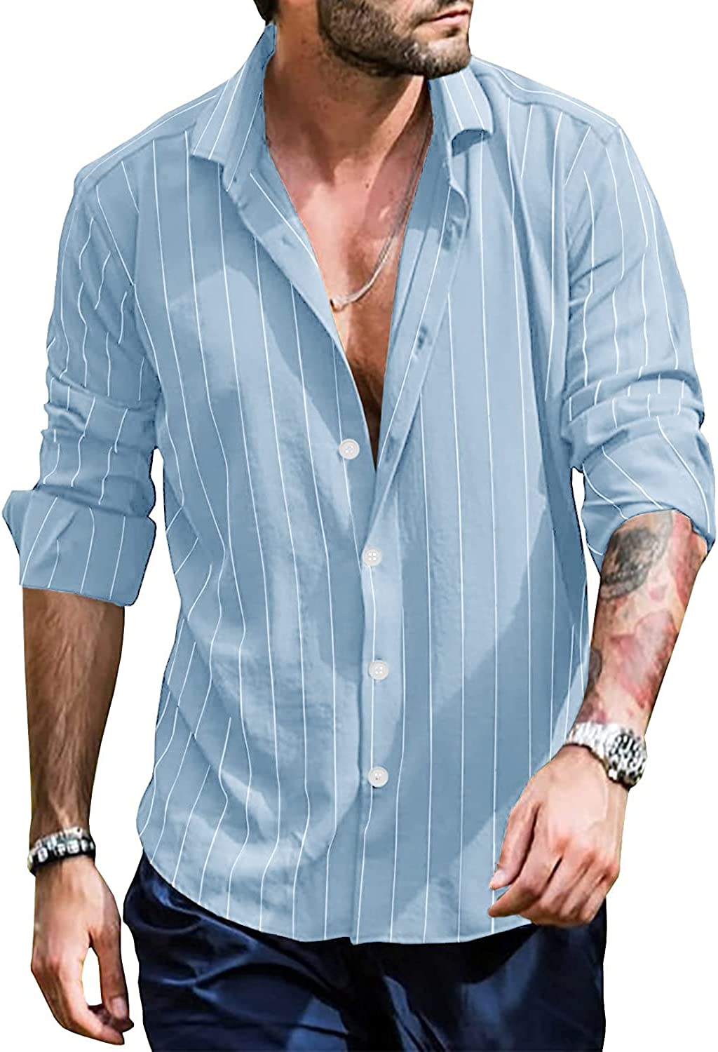 Blue Stripe Casual Long Sleeve Men's Button Up Shirt