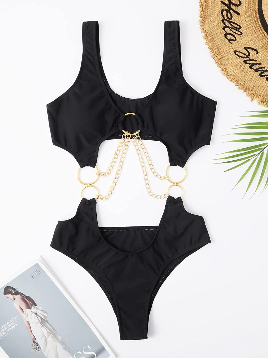 Elegant Chained Black Cut Out One Piece Swimsuit