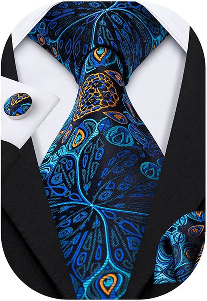 Men's Gold Print Silk Tie Set w/Handkerchief & Cufflinks