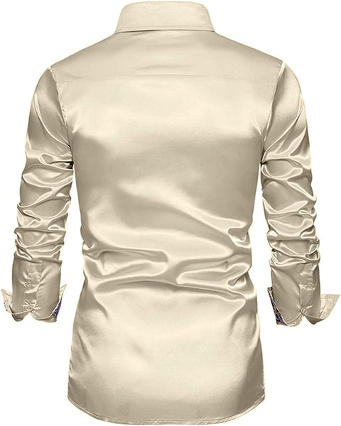 Men's Shiny Luxury Champagne Satin Long Sleeve Dress Shirt