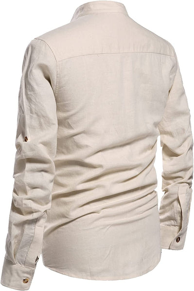 Men's Beige Henley Neck Long Sleeve Linen Shirts