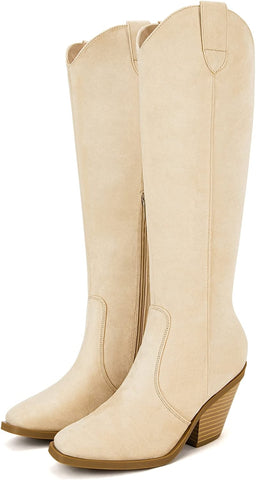 Women’s Beige Square Closed Toe Chunky Stacked Knee High Boots