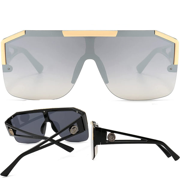 Flat Top Shield Silver Square Oversized Sunglasses