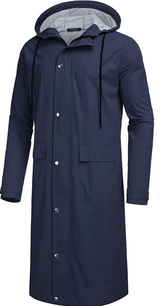 Men's Navy Blue Lightweight Hooded Long Rain Jacket