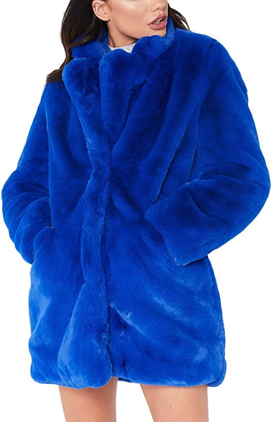 Women's Blue Winter Warm Lapel Long Sleeve Faux Fur Coat