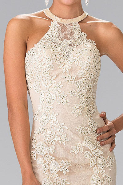 Haltered Champagne Beaded Lace Tulle Long Dress