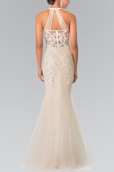 Haltered Champagne Beaded Lace Tulle Long Dress