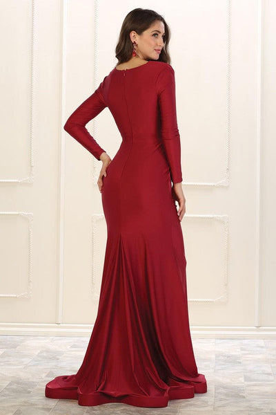 Rosette Red Deep V-Neck Long Sleeve Mermaid Dress