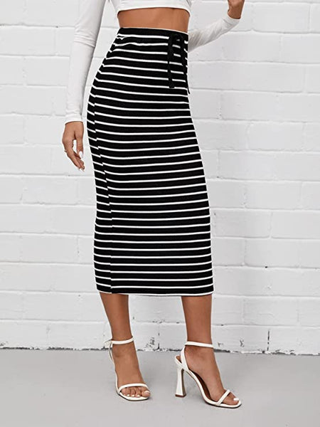 Black & White Striped Drawstring Pencil Skirt