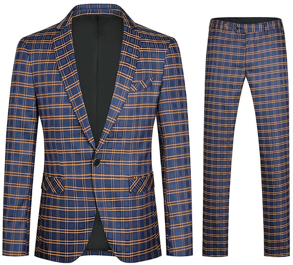 Men's Blue Plaid Notched Long Sleeve Lapel Suit