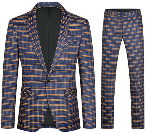 Men's Blue Plaid Notched Long Sleeve Lapel Suit