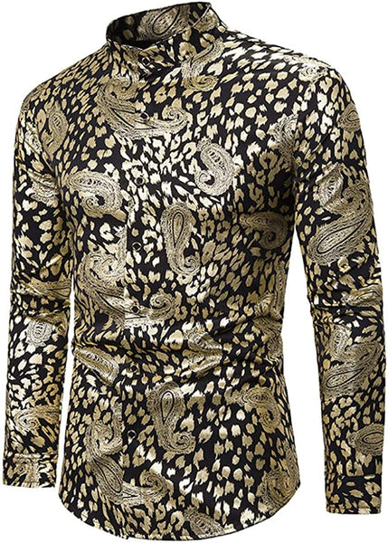 Elegant Gold Paisley Print Casual Men's Long Sleeve Dress Shirt