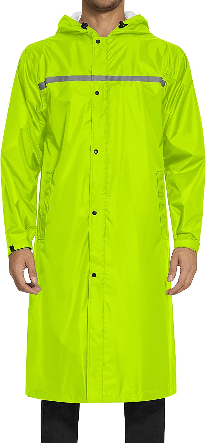 Men's Green Hooded Reflective Lightweight Long Rain Jacket