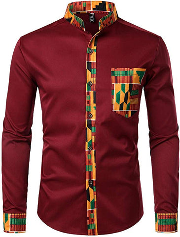 Men's Red Kente Tribal Embroidered Long Sleeve Button Down Shirt