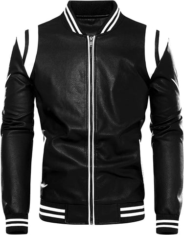 Fleece Lined Black Pu Leather Varsity Bomber Jacket