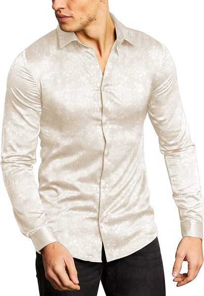 Men's Shiny Satin Khaki Floral Button Down Long Sleeve Shirt