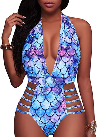 Lost In Miami Blue Scales Halter Cut Out Deep V One Piece Swimsuit