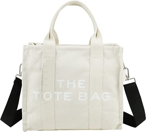 Trendy White Top Handle Tote Bag w/Black Strap