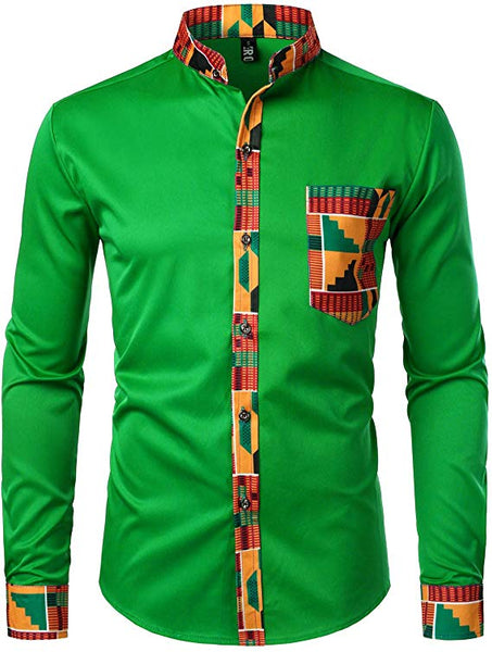 Men's Red Kente Tribal Embroidered Long Sleeve Button Down Shirt