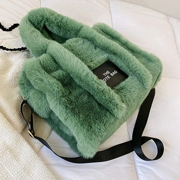 Faux Fur Chic Top Handle Dark Grey Fuzzy Tote Bag