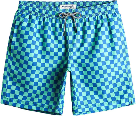 Men's Quick Dry Blue Checkered Printed Short Swim Trunks with Mesh Lining