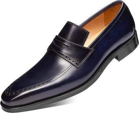 Formal Navy Grain Leather Brogue Penny Loafers Shoes