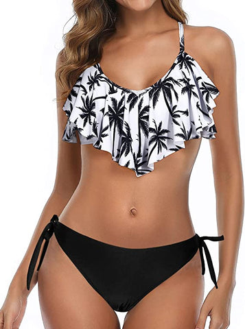 Black & White Palm Trees Ruffled 2pc Bikini Swimsuit