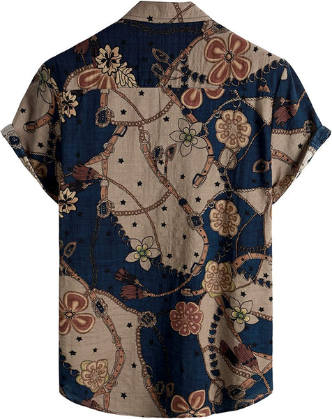 Men's Navy/Beige Print Casual Short Sleeve Shirt