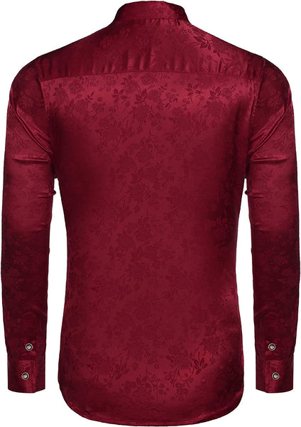 Men's Burgundy Floral Rose Printed Long Sleeve Dress Shirt