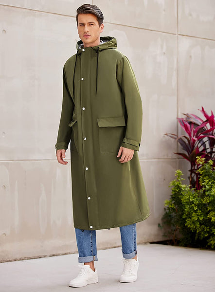 Men's Army Green Lightweight Hooded Long Rain Jacket