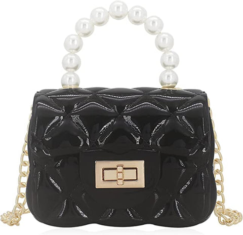 Quilted Black Mini Jelly Purse with Pearls Crossbody Bag