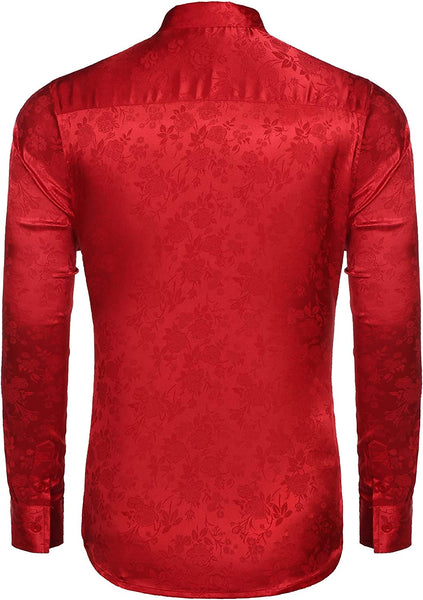 Men's Red Floral Rose Printed Long Sleeve Dress Shirt