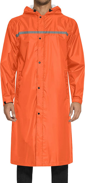 Men's Orange Hooded Reflective Lightweight Long Rain Jacket