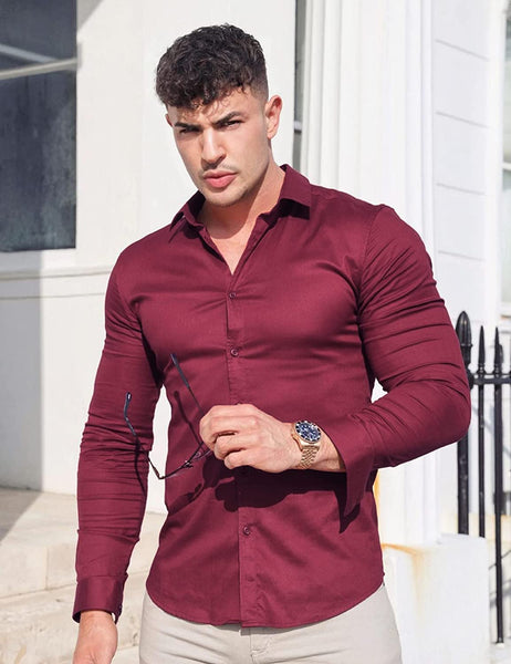 Men's Classic Wine Red Button Down Long Sleeve Dress Shirt