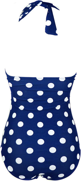 Retro Navy Blue Polka Ruching One Piece Vintage Swimwear