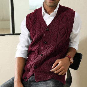 Cable Knitted Wine Red Button Down Men's Sweater Vest