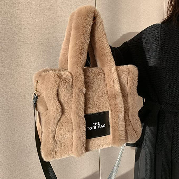 Faux Fur Chic Top Handle Dark Grey Fuzzy Tote Bag