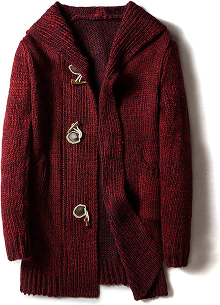 Men's Spanish Wine Red Loose Horn Mid Long Hooded Cardigan Sweater