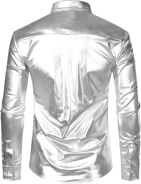 Men's Metallic Silver Long Sleeve Button Down Shirts