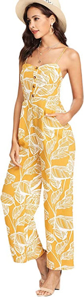 Palm Floral Printed Toffee Sleeveless Ruched Palazzo Jumpsuit