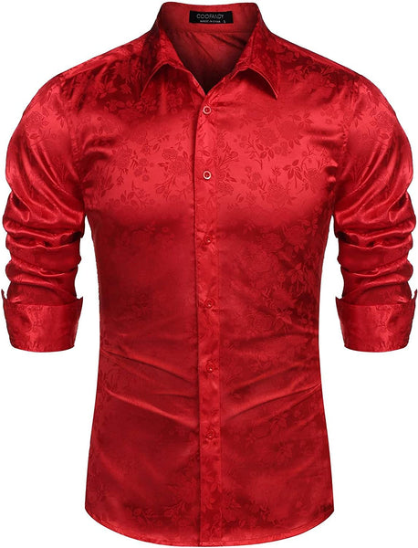 Men's Red Floral Rose Printed Long Sleeve Dress Shirt