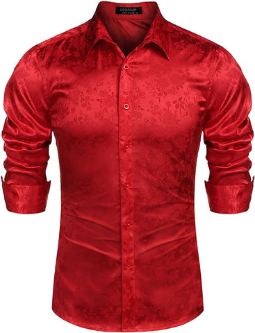 Men's Red Floral Rose Printed Long Sleeve Dress Shirt